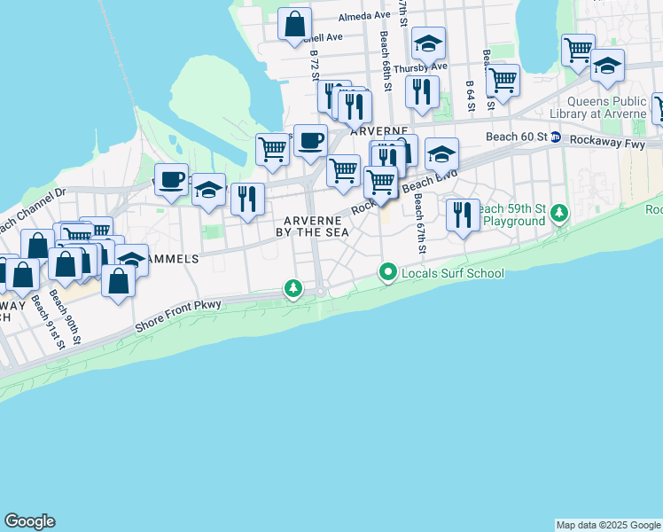 map of restaurants, bars, coffee shops, grocery stores, and more near 7210 Water Way in Queens