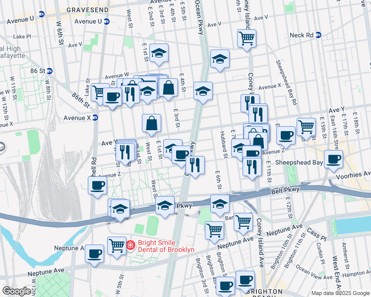 map of restaurants, bars, coffee shops, grocery stores, and more near 2580 Ocean Parkway in Brooklyn