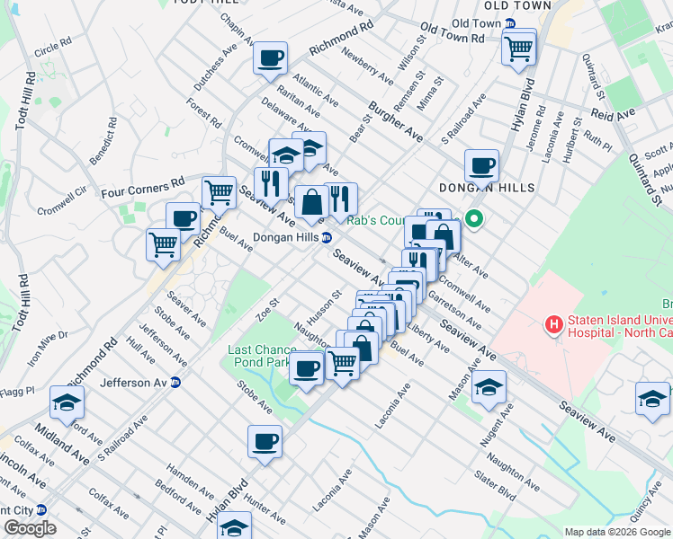 map of restaurants, bars, coffee shops, grocery stores, and more near 15 Hudson Street in Staten Island