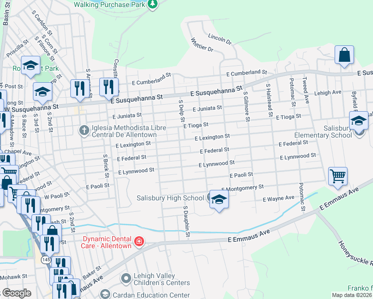 map of restaurants, bars, coffee shops, grocery stores, and more near 402 East Federal Street in Allentown