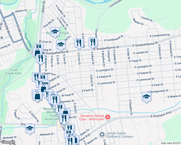 map of restaurants, bars, coffee shops, grocery stores, and more near 34 East Federal Street in Allentown