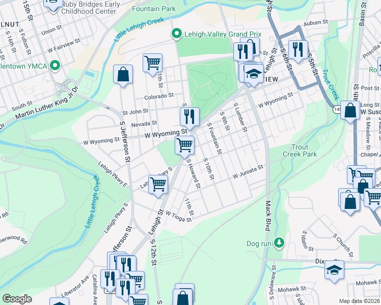 map of restaurants, bars, coffee shops, grocery stores, and more near 1043 Lehigh Street in Allentown