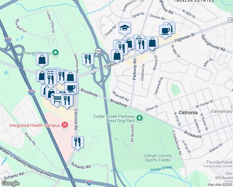 map of restaurants, bars, coffee shops, grocery stores, and more near 4252 Briarcliff Road in Allentown
