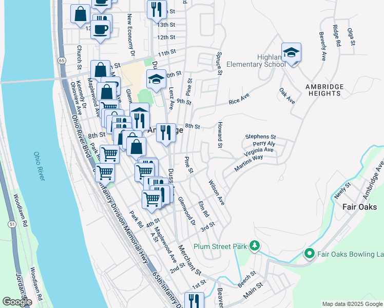 map of restaurants, bars, coffee shops, grocery stores, and more near 526 Pine Street in Ambridge
