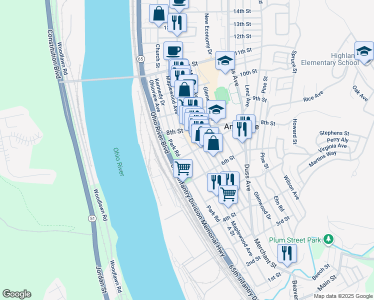 map of restaurants, bars, coffee shops, grocery stores, and more near 641 Maplewood Avenue in Ambridge