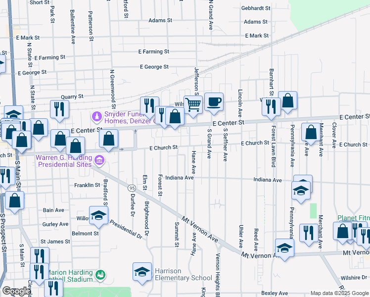 map of restaurants, bars, coffee shops, grocery stores, and more near 209 Hane Avenue in Marion