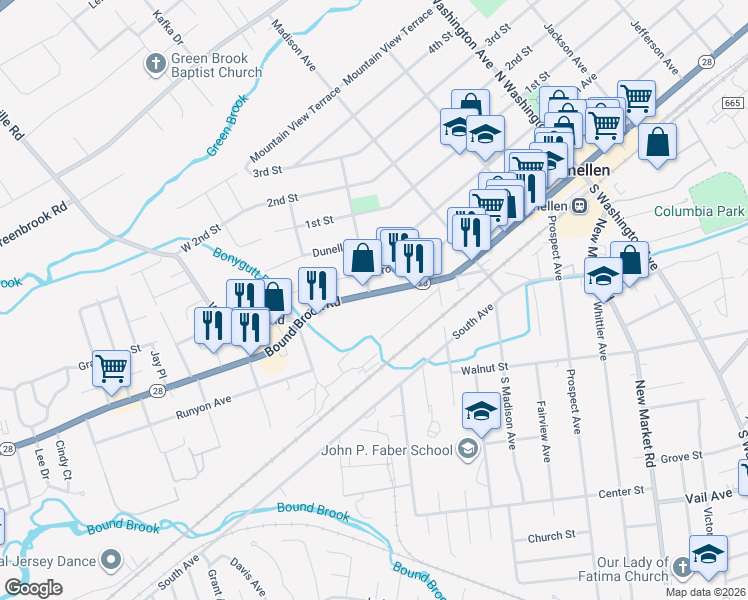 map of restaurants, bars, coffee shops, grocery stores, and more near 675 Bound Brook Road in Dunellen