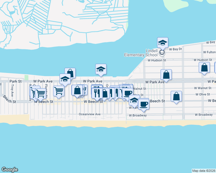 map of restaurants, bars, coffee shops, grocery stores, and more near 78 Arizona Avenue in Long Beach