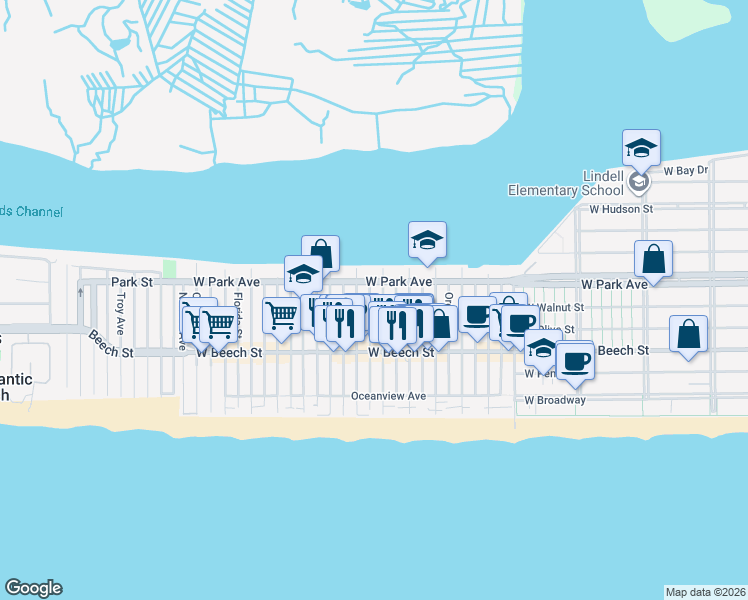 map of restaurants, bars, coffee shops, grocery stores, and more near 78 Tennessee Avenue in Long Beach