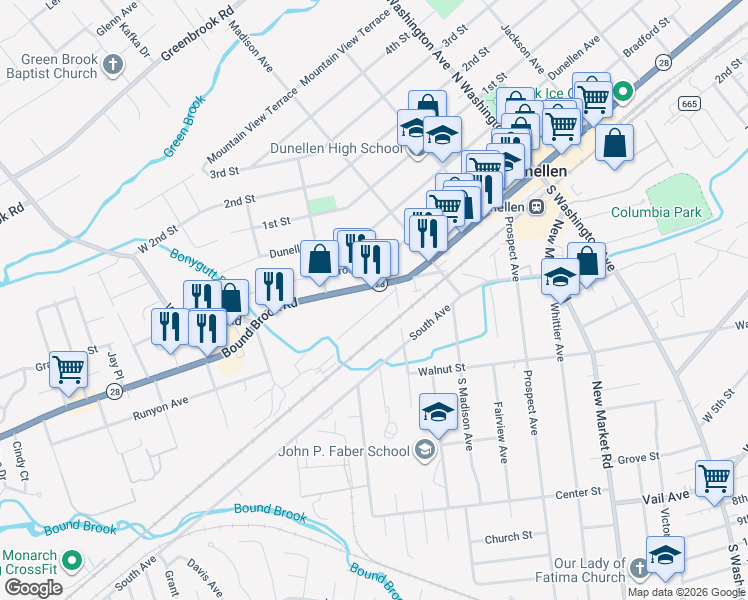 map of restaurants, bars, coffee shops, grocery stores, and more near 645 North Avenue Extension in Dunellen