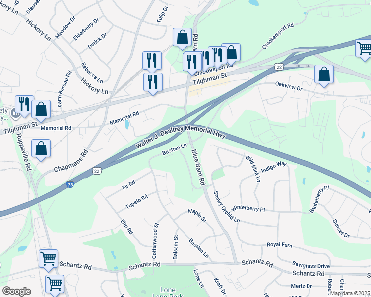 map of restaurants, bars, coffee shops, grocery stores, and more near 417 Barn Swallow Lane in Allentown