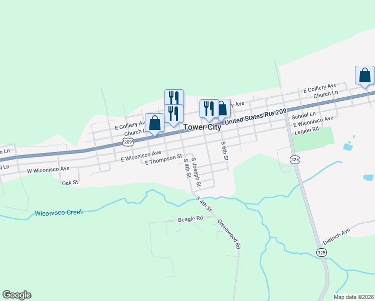 map of restaurants, bars, coffee shops, grocery stores, and more near 339 Martin Street in Tower City