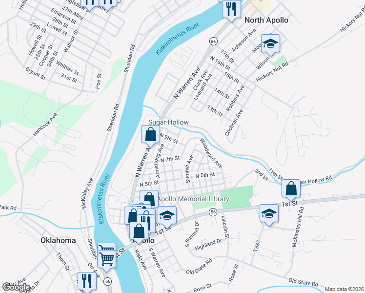 map of restaurants, bars, coffee shops, grocery stores, and more near 619 North 7th Street in Apollo