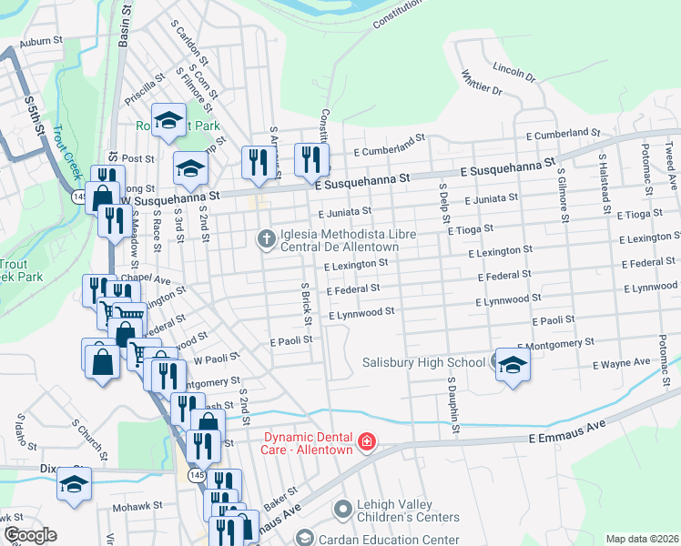 map of restaurants, bars, coffee shops, grocery stores, and more near 146 East Federal Street in Allentown