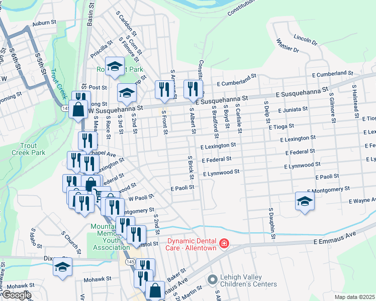 map of restaurants, bars, coffee shops, grocery stores, and more near 34 East Federal Street in Allentown