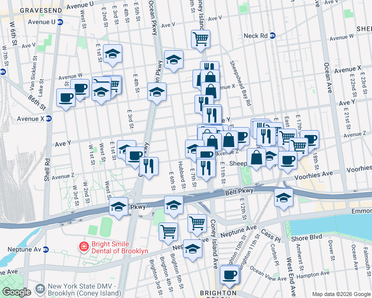 map of restaurants, bars, coffee shops, grocery stores, and more near 2602 East 7th Street in Brooklyn