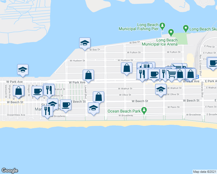 map of restaurants, bars, coffee shops, grocery stores, and more near 467 West Walnut Street in Long Beach