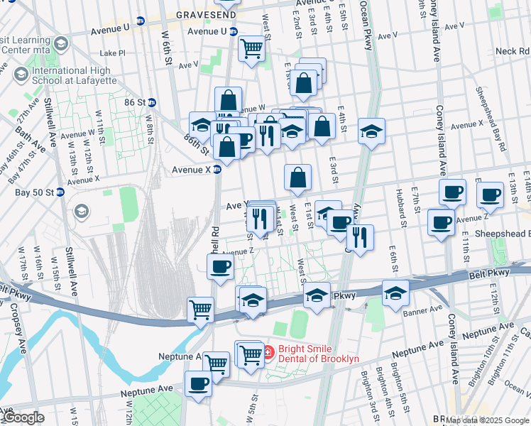 map of restaurants, bars, coffee shops, grocery stores, and more near 2525 West 2nd Street in Brooklyn