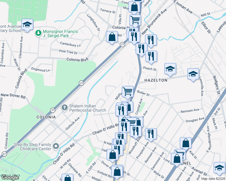 map of restaurants, bars, coffee shops, grocery stores, and more near 265 McFarlane Road in Woodbridge Township