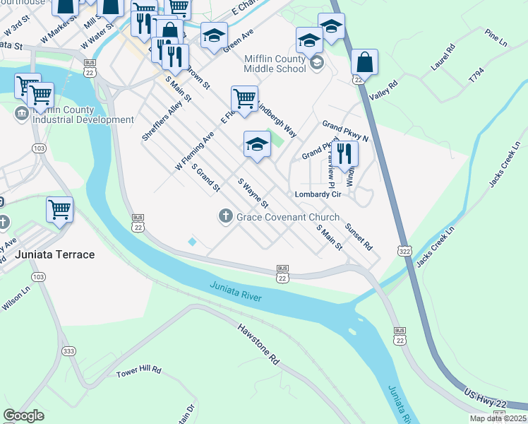 map of restaurants, bars, coffee shops, grocery stores, and more near 706 South Wayne Street in Lewistown