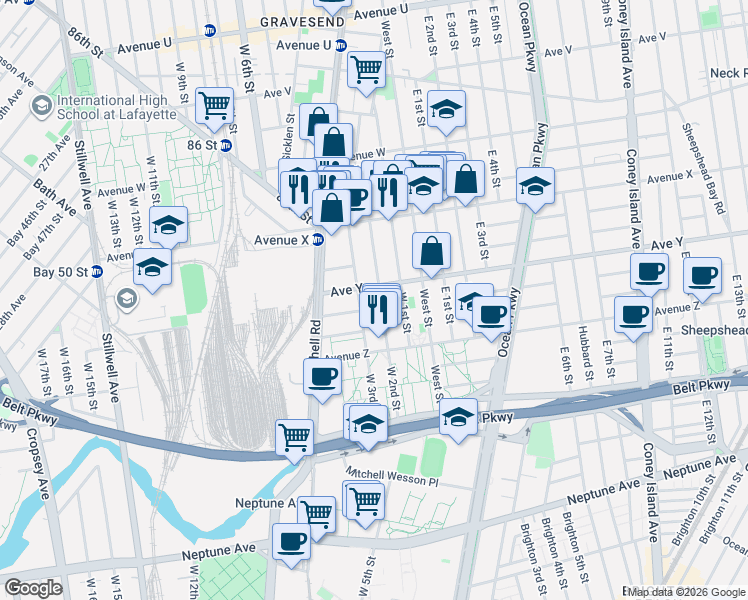 map of restaurants, bars, coffee shops, grocery stores, and more near 2518 West 2nd Street in Brooklyn
