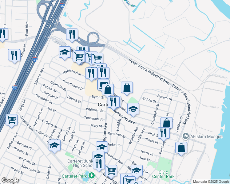 map of restaurants, bars, coffee shops, grocery stores, and more near 64 Grant Avenue in Carteret