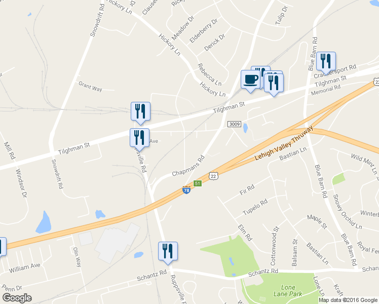 map of restaurants, bars, coffee shops, grocery stores, and more near 6370 Farm Bureau Road in Allentown