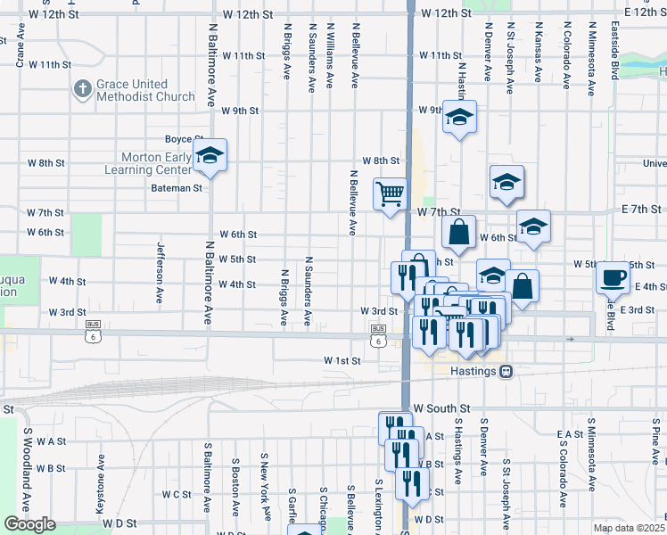 map of restaurants, bars, coffee shops, grocery stores, and more near 505 North Bellevue Avenue in Hastings