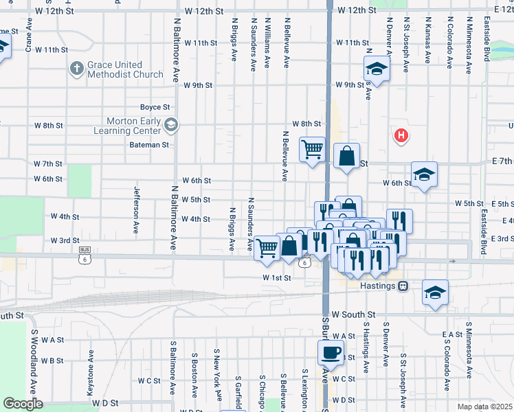 map of restaurants, bars, coffee shops, grocery stores, and more near 500-598 N Saunders Ave in Hastings
