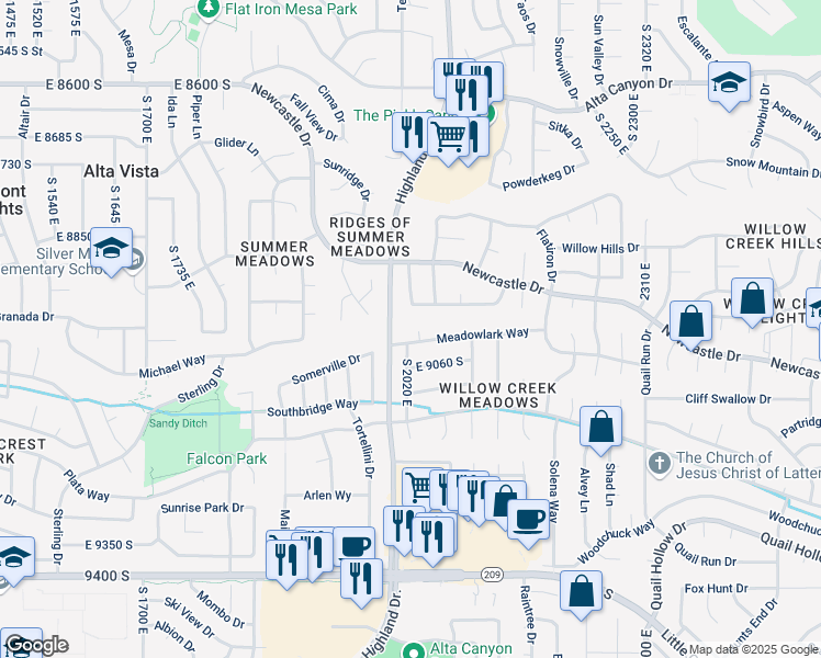 map of restaurants, bars, coffee shops, grocery stores, and more near 9002 Meadow Lark Circle in Sandy