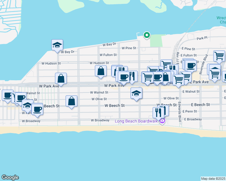 map of restaurants, bars, coffee shops, grocery stores, and more near 401 Laurelton Boulevard in Long Beach