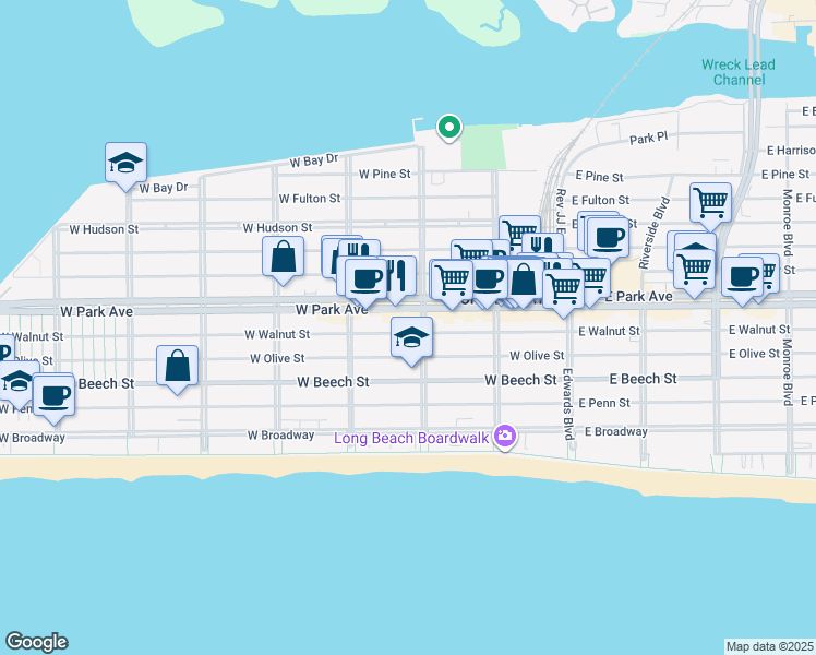 map of restaurants, bars, coffee shops, grocery stores, and more near 225 West Park Avenue in Long Beach