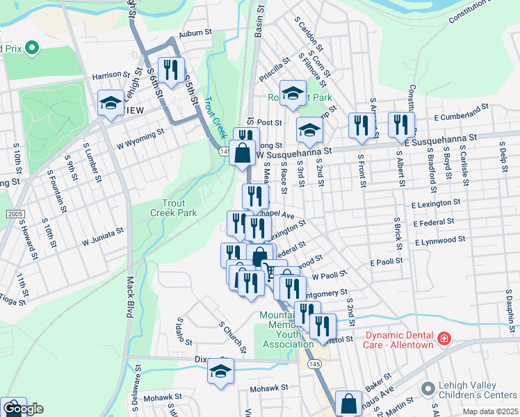 map of restaurants, bars, coffee shops, grocery stores, and more near 1320 South Meadow Street in Allentown