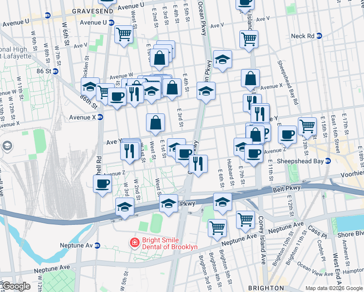 map of restaurants, bars, coffee shops, grocery stores, and more near 2514 Ocean Parkway in Brooklyn