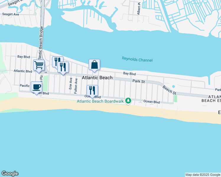 map of restaurants, bars, coffee shops, grocery stores, and more near 90 Montgomery Boulevard in Atlantic Beach