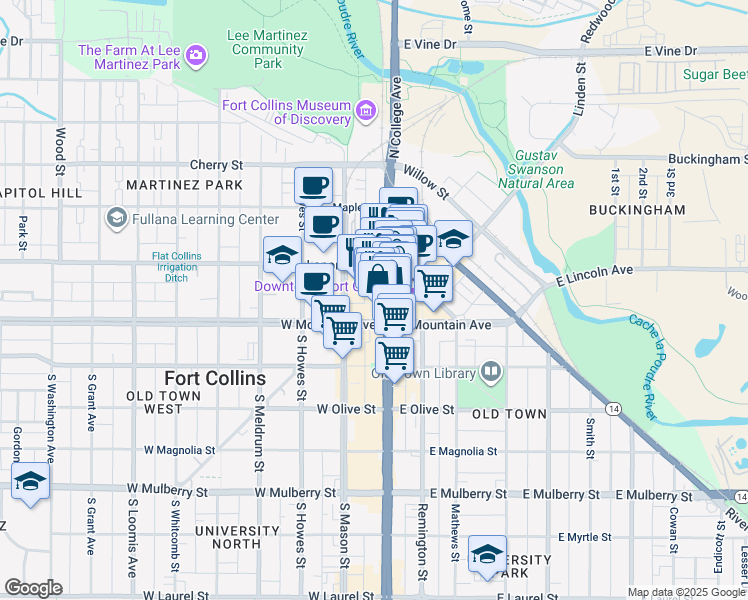 map of restaurants, bars, coffee shops, grocery stores, and more near 155 North College Avenue in Fort Collins