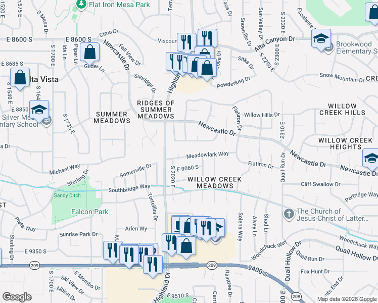 map of restaurants, bars, coffee shops, grocery stores, and more near 8952 Greenwich Lane in Sandy