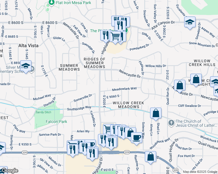 map of restaurants, bars, coffee shops, grocery stores, and more near 8952 Greenwich Lane in Sandy