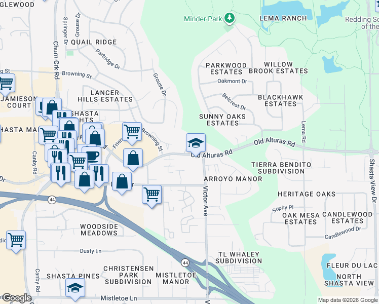 map of restaurants, bars, coffee shops, grocery stores, and more near 1320 Old Alturas Rd in Redding
