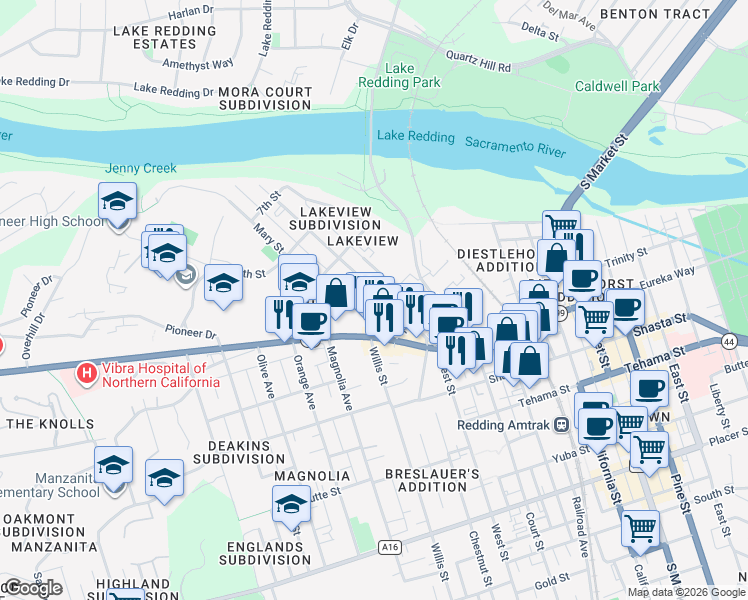 map of restaurants, bars, coffee shops, grocery stores, and more near 999 West Street in Redding
