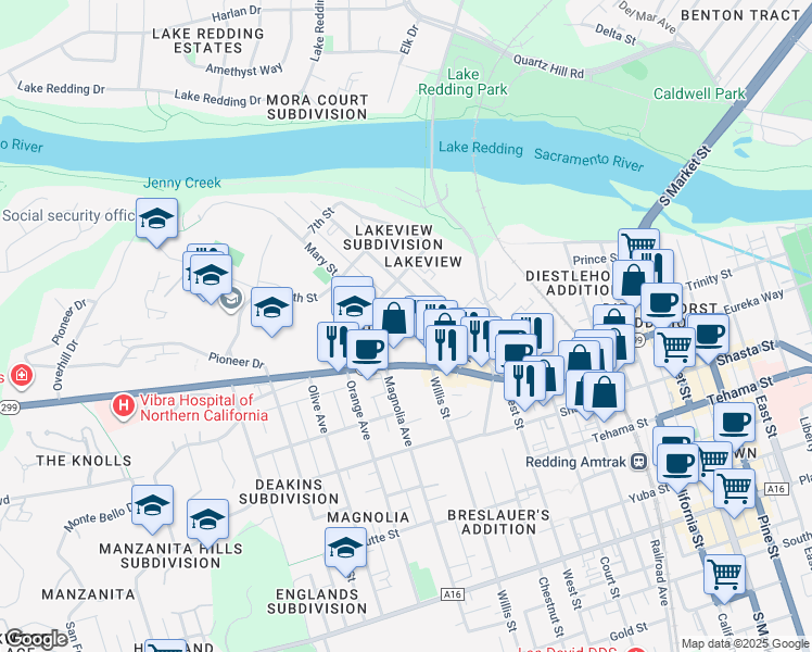 map of restaurants, bars, coffee shops, grocery stores, and more near 1964 10th Street in Redding