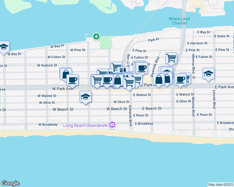 map of restaurants, bars, coffee shops, grocery stores, and more near in Long Beach