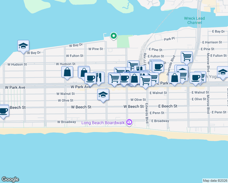 map of restaurants, bars, coffee shops, grocery stores, and more near 4653 West Park Avenue in Long Beach