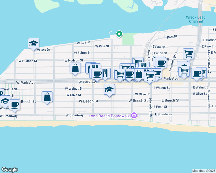map of restaurants, bars, coffee shops, grocery stores, and more near 225 West Park Avenue in Long Beach