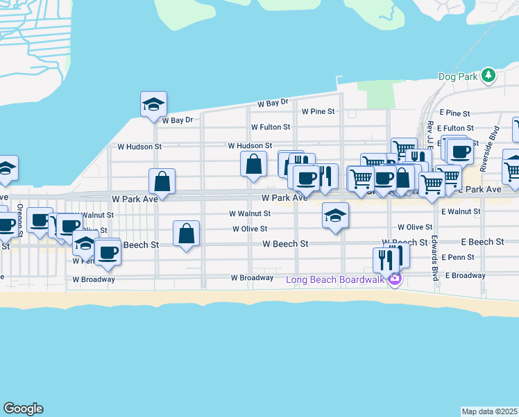 map of restaurants, bars, coffee shops, grocery stores, and more near in Long Beach