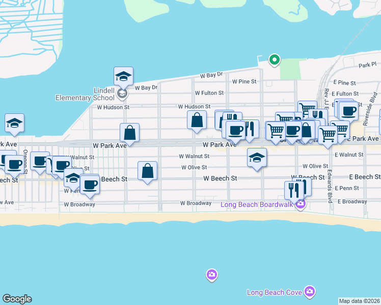 map of restaurants, bars, coffee shops, grocery stores, and more near in Long Beach