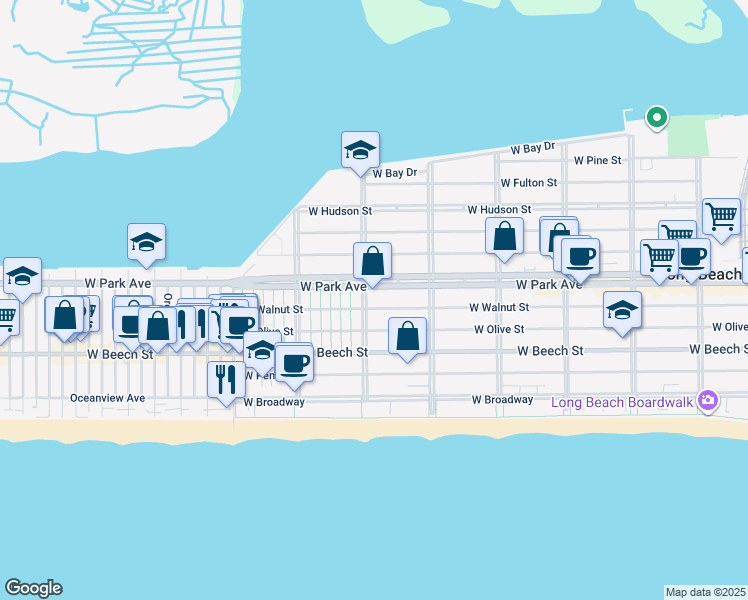 map of restaurants, bars, coffee shops, grocery stores, and more near in Long Beach
