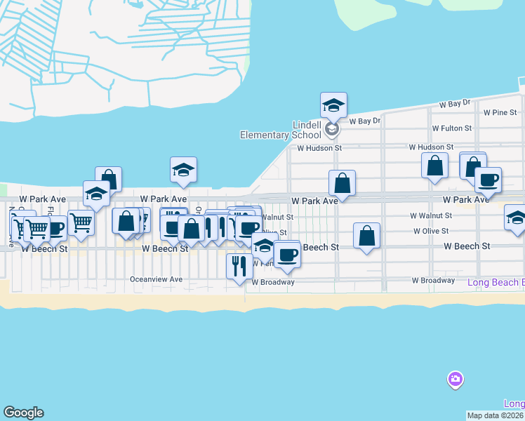 map of restaurants, bars, coffee shops, grocery stores, and more near 757 West Park Avenue in Long Beach