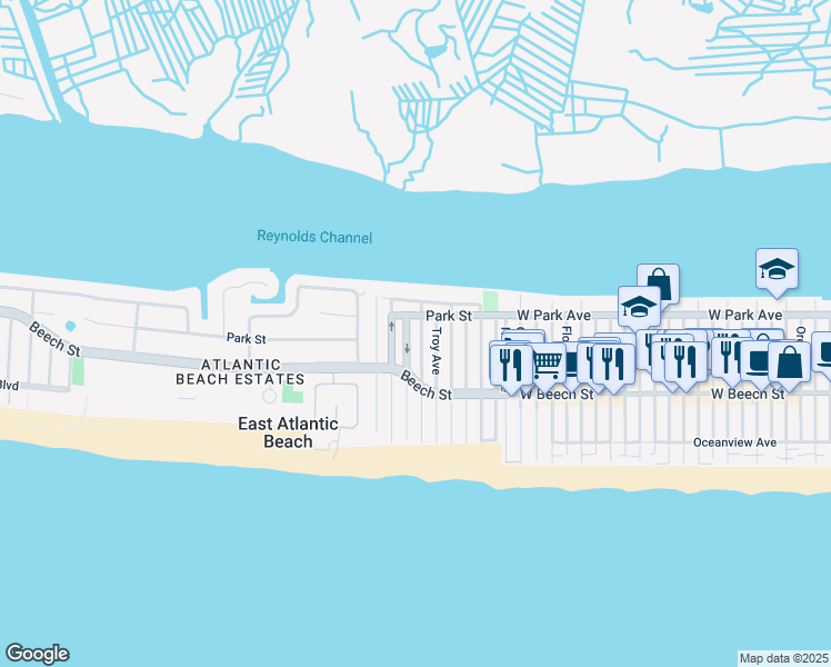 map of restaurants, bars, coffee shops, grocery stores, and more near 58 Bay Street in East Atlantic Beach