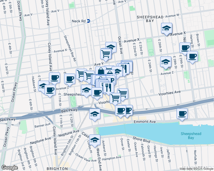 map of restaurants, bars, coffee shops, grocery stores, and more near 2577 East 18th Street in Brooklyn